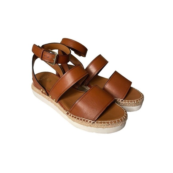 Franco Sarto Calvin Sandals Brown Leather Size 9.5 Platform Ankle Strap Buckle - Picture 1 of 11